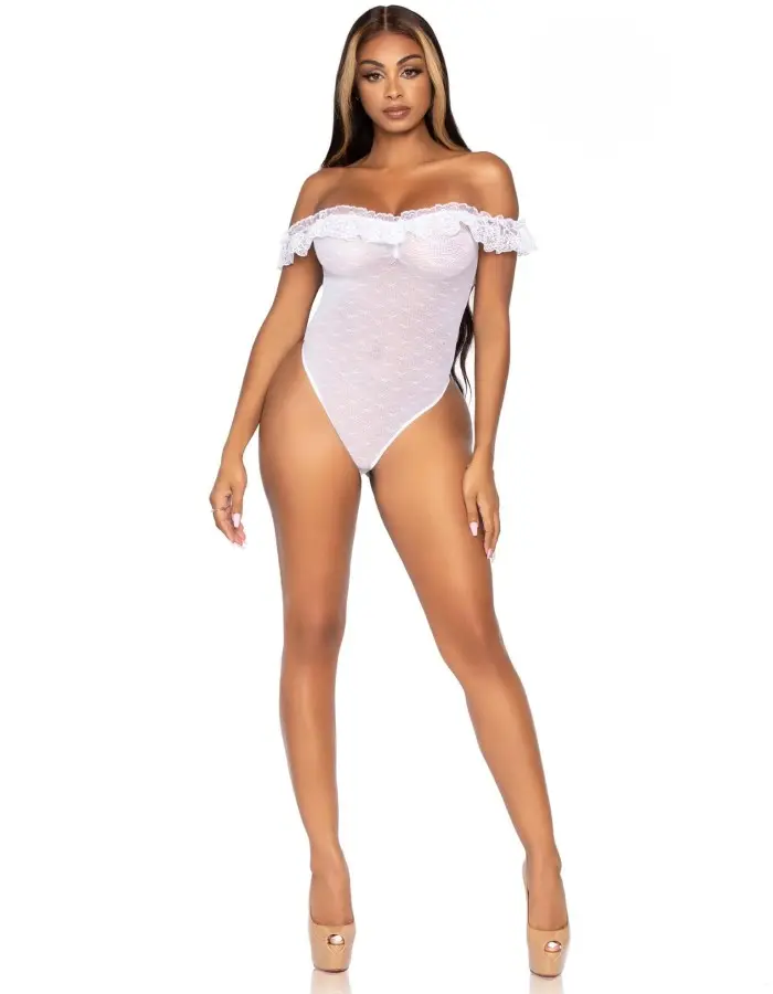 Lace Ruffle Snap Crotch Teddy - One Size - White