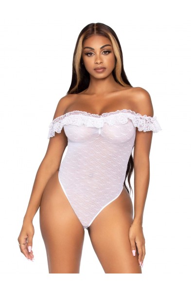 Lace Ruffle Snap Crotch Teddy - One Size - White