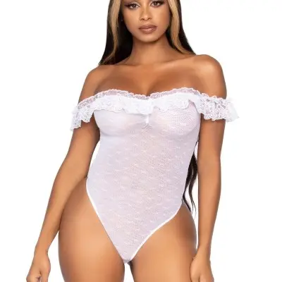 Lace Ruffle Snap Crotch Teddy - One Size - White