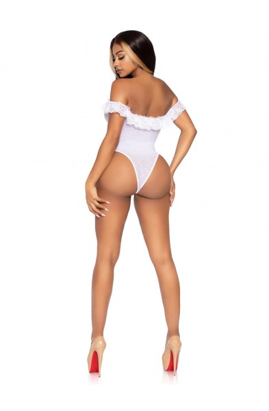 Lace Ruffle Snap Crotch Teddy - One Size - White