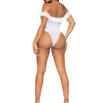 Lace Ruffle Snap Crotch Teddy - One Size - White