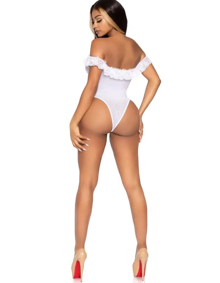 Lace Ruffle Snap Crotch Teddy - One Size - White