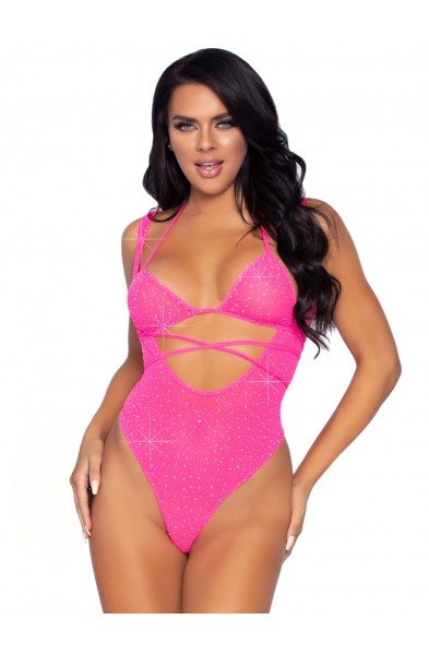 2 Pc. Rhinestone Wrap Around Bikini Top and Suspender Bodysuit - One Size - Neon Pink