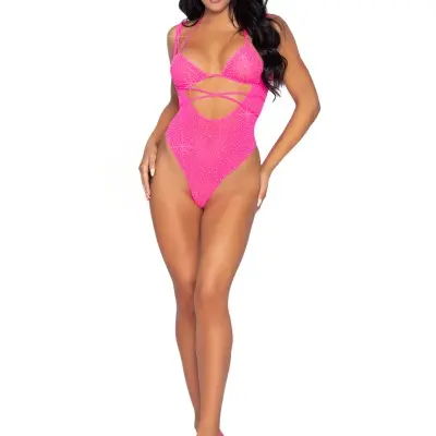 2 Pc. Rhinestone Wrap Around Bikini Top and Suspender Bodysuit - One Size - Neon Pink