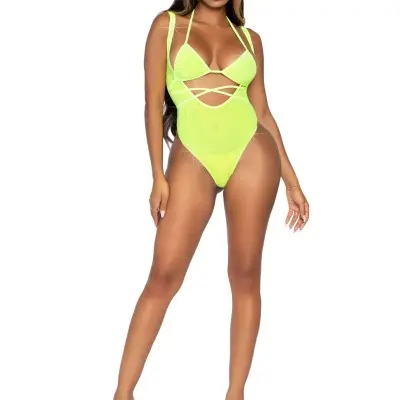 2 Pc. Rhinestone Wrap Around Bikini Top and Suspender Body Suit - One Size - Neon Yellow