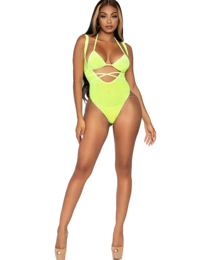 2 Pc. Rhinestone Wrap Around Bikini Top and Suspender Body Suit - One Size - Neon Yellow