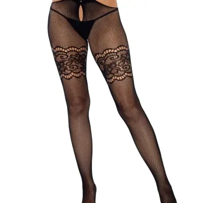 Strappy Wrap Around Crotchless Fishnet Tights With Lace Garter Detail - One Size - Black