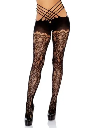 Vine Lace Strappy Wrap Around Crotchless Tights - One Size - Black