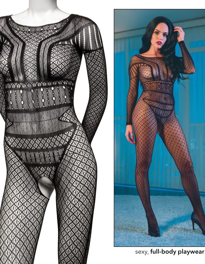 Scandal Full Length Lace Body Suit - One Size -  Black