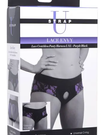 Lace Envy Crotchless Panty Harness - L/ XL Purple and Black