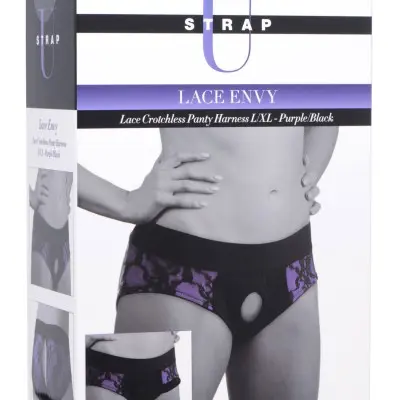 Lace Envy Crotchless Panty Harness - L/ XL Purple and Black