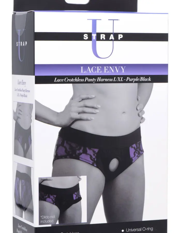 Lace Envy Crotchless Panty Harness - L/ XL Purple and Black