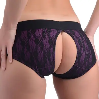 Lace Envy Crotchless Panty Harness - L/ XL Purple and Black