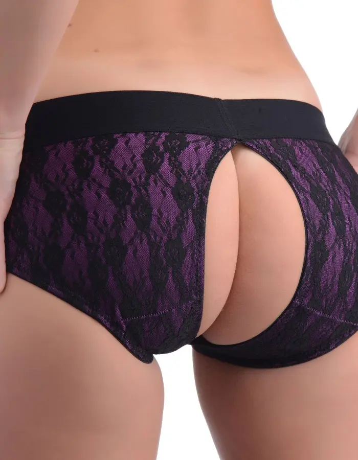 Lace Envy Crotchless Panty Harness - L/ XL Purple and Black