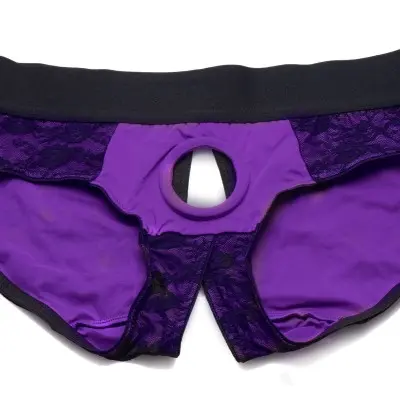 Lace Envy Crotchless Panty Harness - L/ XL Purple and Black