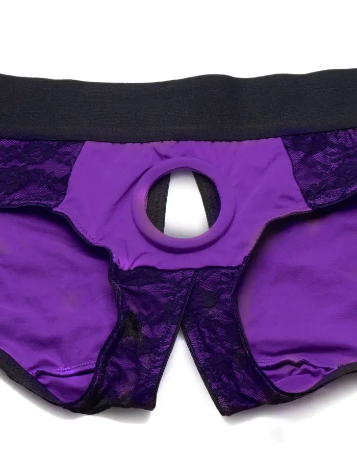 Lace Envy Crotchless Panty Harness - L/ XL Purple and Black