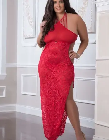 2 Pc. Shoulder-Baring Laced Night Dress - Red  Cherry - Queen Size