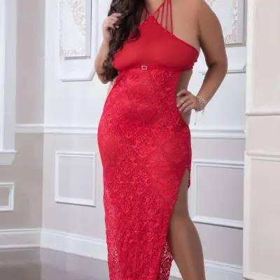 2 Pc. Shoulder-Baring Laced Night Dress - Red  Cherry - Queen Size