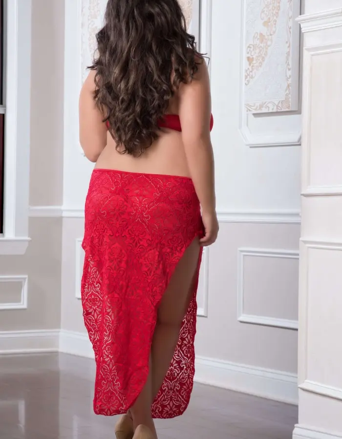 2 Pc. Shoulder-Baring Laced Night Dress - Red  Cherry - Queen Size