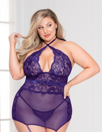 Lace and Mesh Chemise Set - Queen Size - Purple