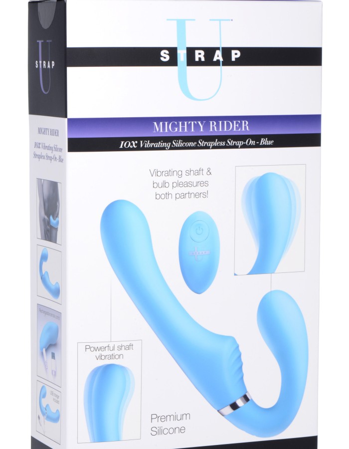 10x Mighty Rider Vibrating Strapless Strap-on - Blue