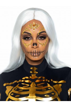 Sugar Skull Adhesive Face Jewels Sticker - Gold