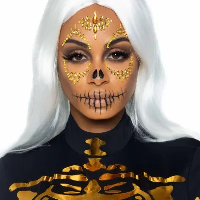 Sugar Skull Adhesive Face Jewels Sticker - Gold