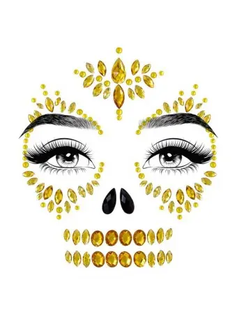 Sugar Skull Adhesive Face Jewels Sticker - Gold