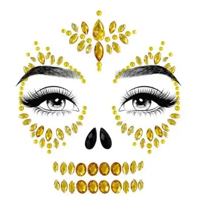 Sugar Skull Adhesive Face Jewels Sticker - Gold