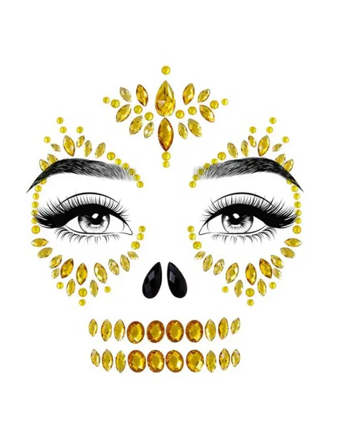 Sugar Skull Adhesive Face Jewels Sticker - Gold