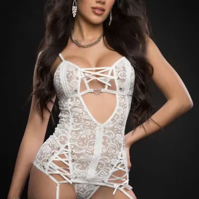 3pc Lace Up Plunge Garter Slip With Open Cups  Zipper and Stockings - One Size - White