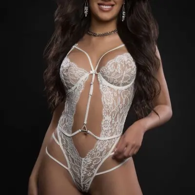 1pc Floral Sheer Lace Plunge Teddy - One Size -  White