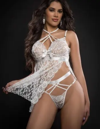 2pc Strappy Halter Laced Babydoll With Side Slits and Open Back - One Size - White