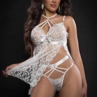 2pc Strappy Halter Laced Babydoll With Side Slits and Open Back - One Size - White