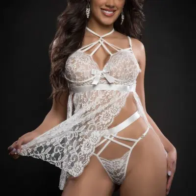 2pc Strappy Halter Laced Babydoll With Side Slits and Open Back - One Size - White