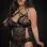 2pc Strappy Halter Laced Babydoll With Side Slits and Open Back - Queen Size - Black