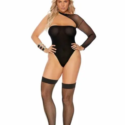 Opaque and Fishnet Teddy With Stockings - Queen Size - Black