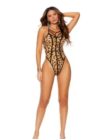 Sheer Teddy With Strappy Detail - One Size - Leopard