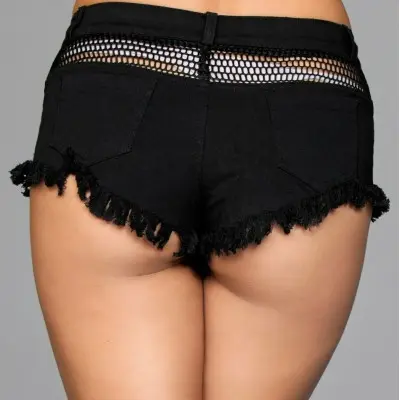 Denim Shorts With Fishnet Top Trimming and Fringe - Medium - Black