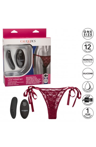 Remote Control Lace Thong Set - Burgundy