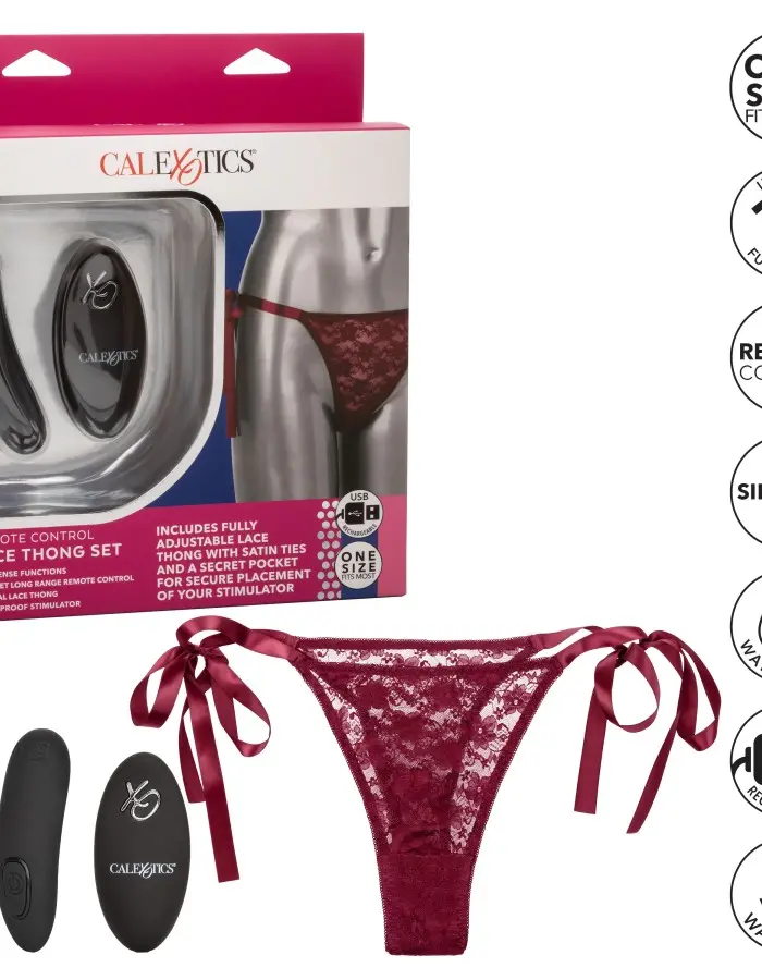 Remote Control Lace Thong Set - Burgundy