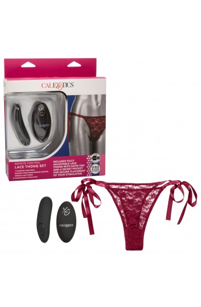 Remote Control Lace Thong Set - Burgundy