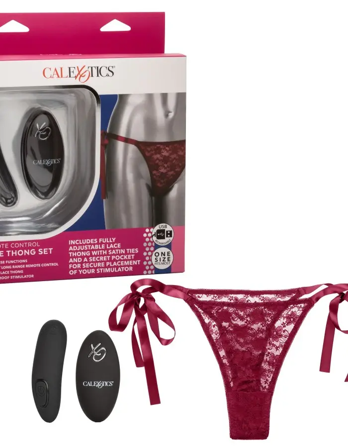 Remote Control Lace Thong Set - Burgundy