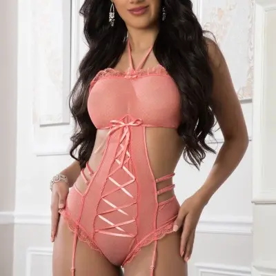 2pc Polka Dot Sheer Cut Out Halter Teddy and  Garters - One Size - Coral Dot