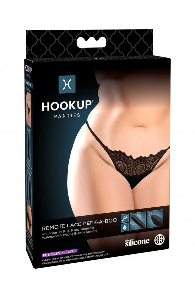 Hookup Panties Remote Lace Peek-a-Boo - Black - XL - Xxl