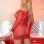 Stretch Lace Chemise With Faux Fur Pom Poms -  Curvy Size - Red