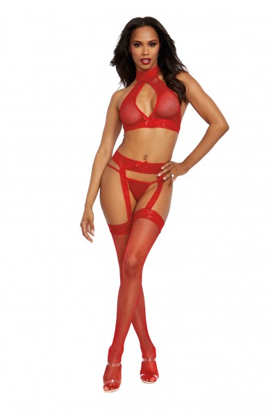 Bralette, Garterhose, and G-String - One Size - Rouge