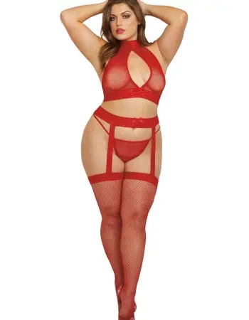 Bralette, Garterhose, and G-String - Queen Size - Rouge