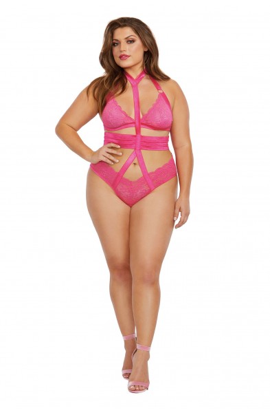 Bralette and Harness Panty - Queen Size - Fuchsia