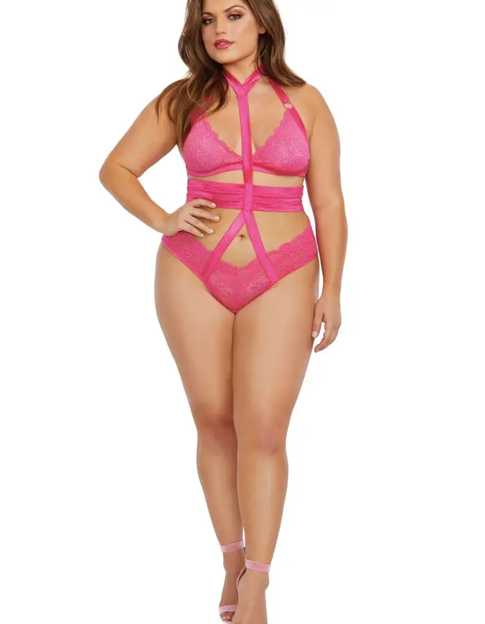 Bralette and Harness Panty - Queen Size - Fuchsia
